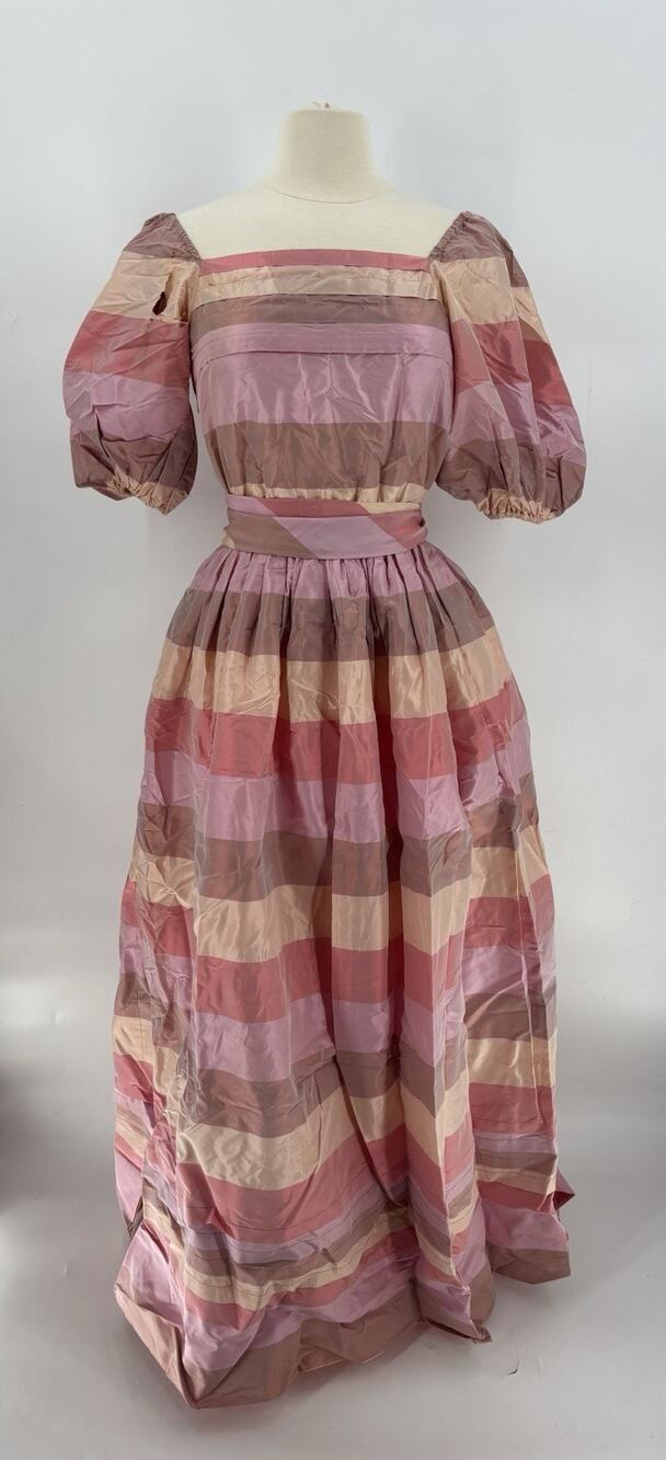 Vintage Albert Nipon Dress Womens 8 Pink Striped 70s 80s Puff Sleeves Belted